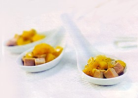 cuillères de foie gras, compote de mangue