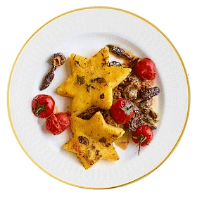 polenta aux herbes, morilles au gorgonzola et tomates grillées