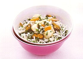 riz long grain, pétoncles, moules crevettes